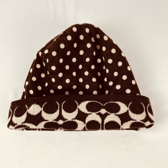 NWOT Coach Signature C and Polka Dot Reversible Beanie Hat Brown Cream - Picture 3 of 9